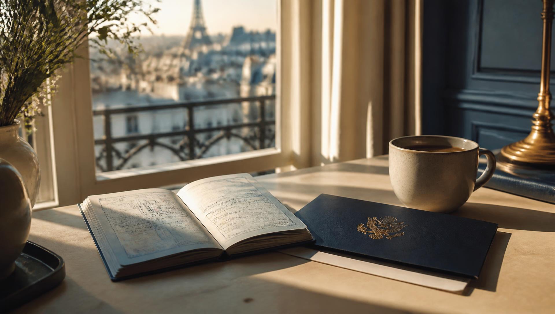 Sunlit desk abroad with a U.S. document folder, notebook and coffee