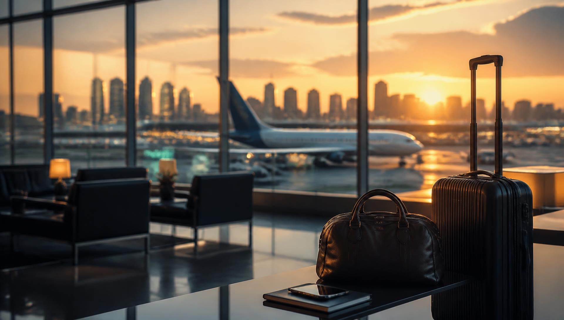 International airport lounge at golden hour with a skyline and aircraft beyond the glass