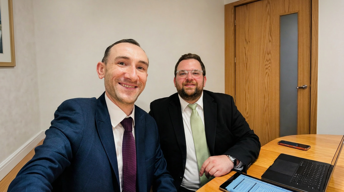 The two founders of Global Felicity Group at their office desk