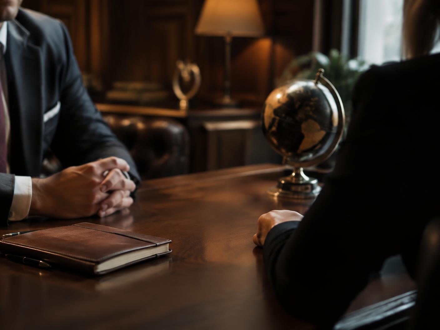 A private consultation across a desk with a globe