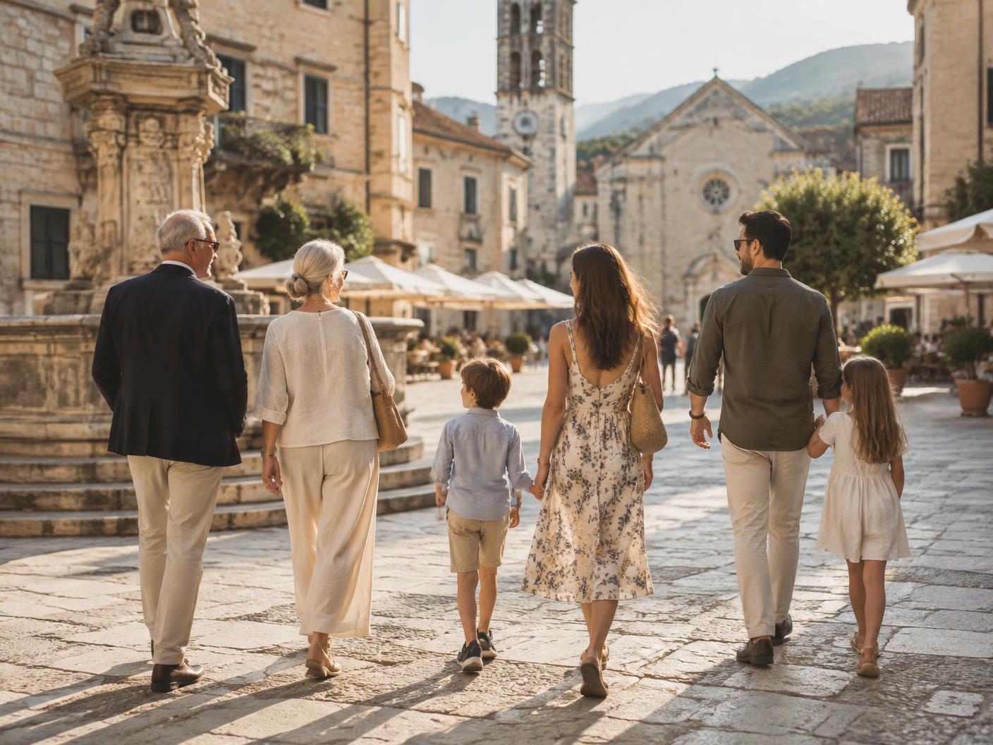 A multigenerational family walking through a European old town square
