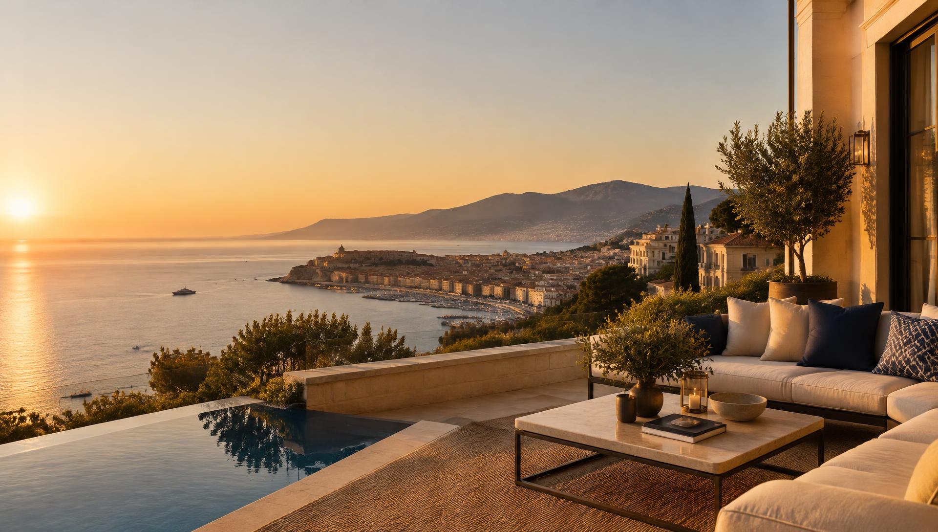 Terrace overlooking a Mediterranean coastal city at sunset
