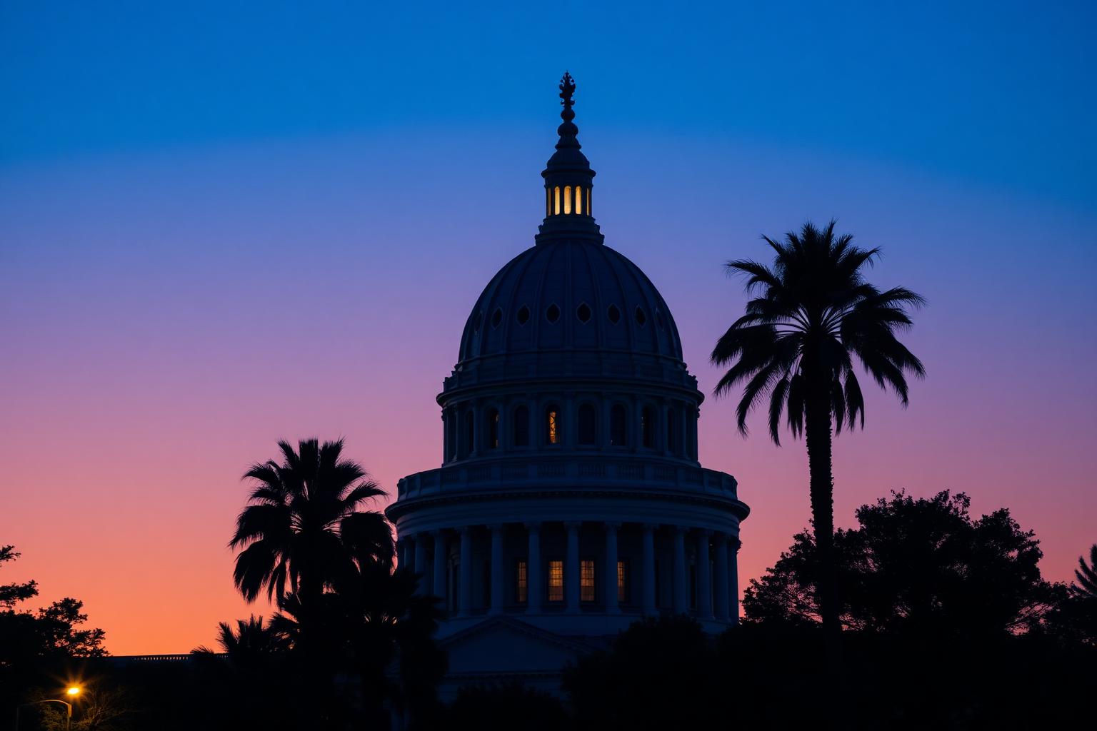 California State Capitol dome at dusk with palm trees
