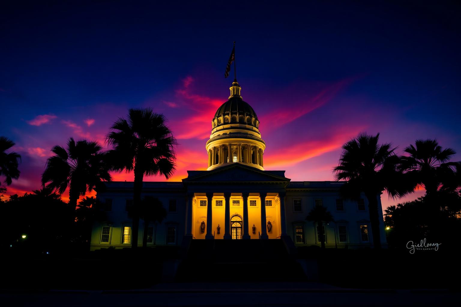 Florida State Capitol building at sunset with palm trees