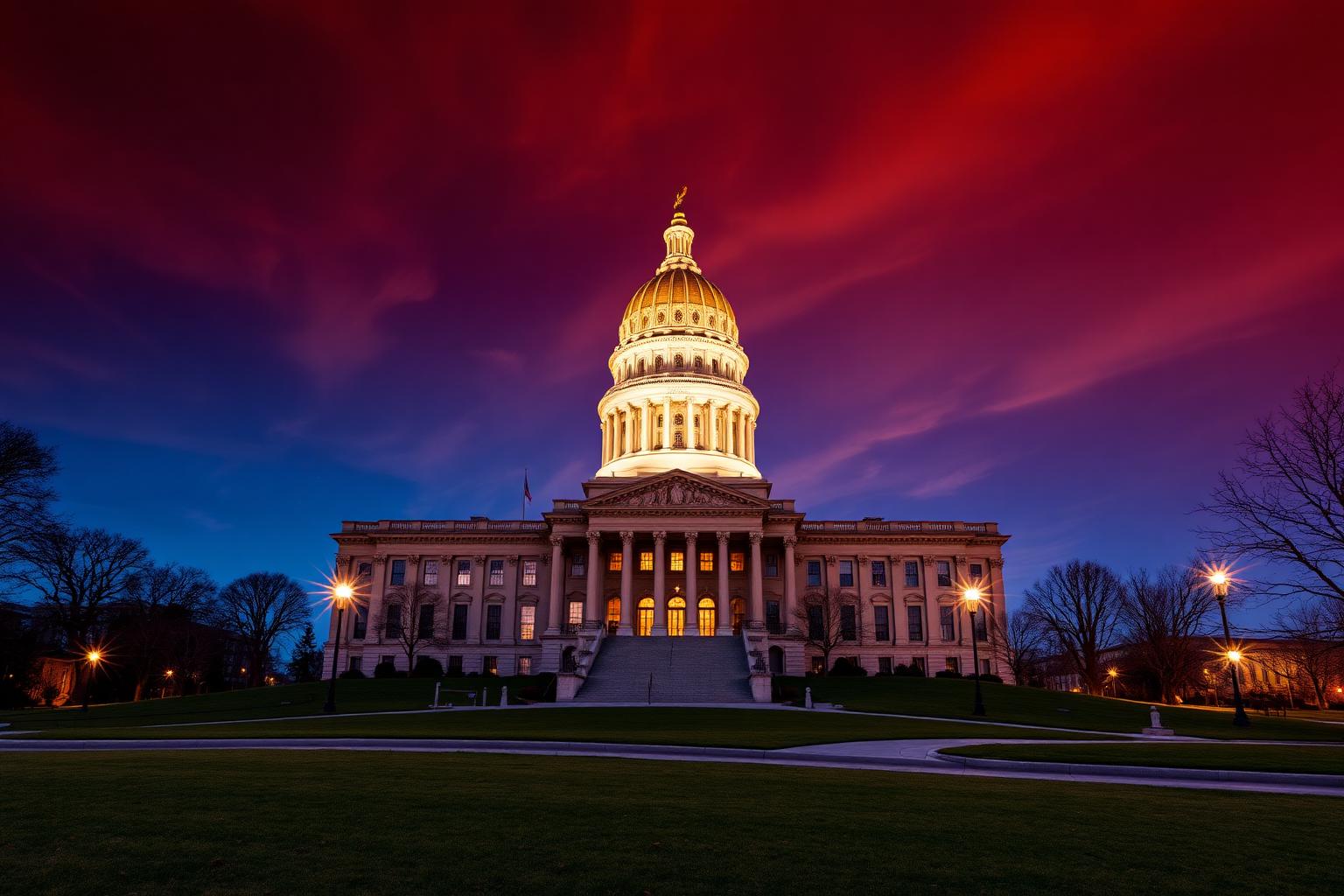 Illinois State Capitol building in Springfield at dusk