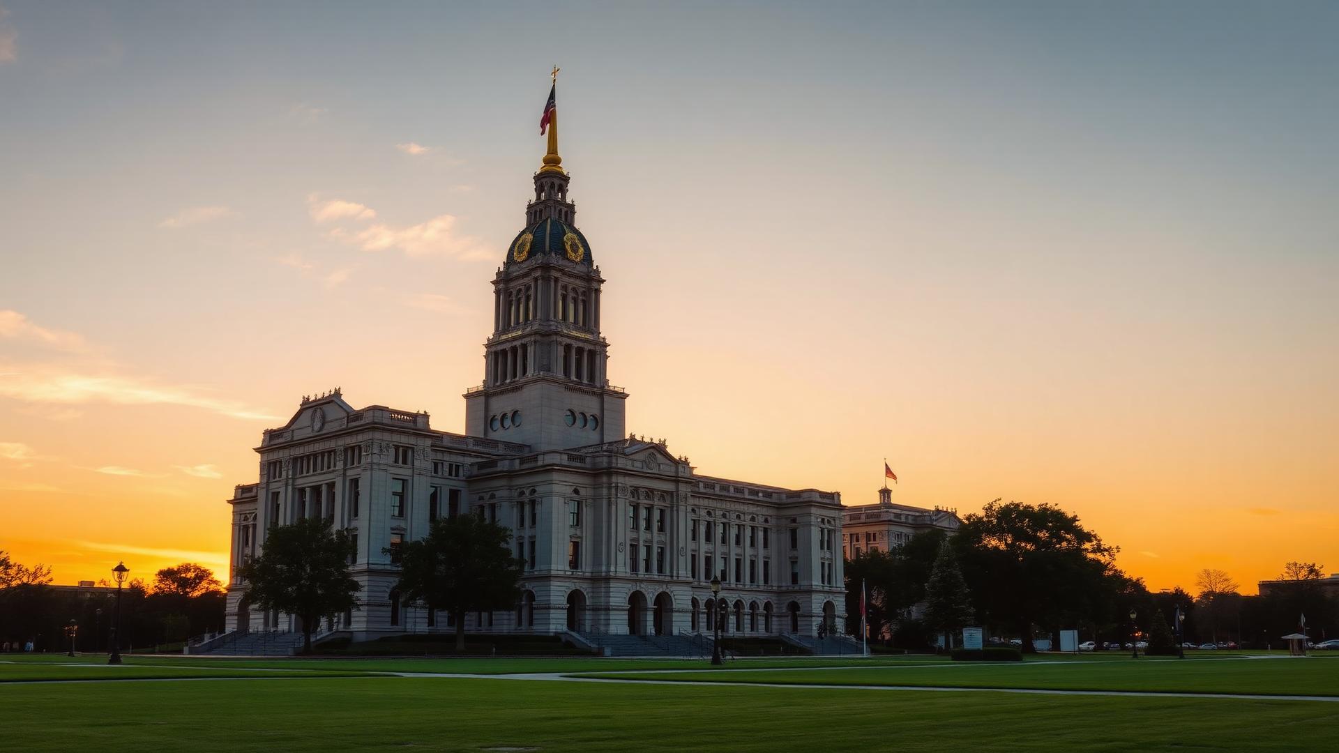 Louisiana State Capitol building at golden hour
