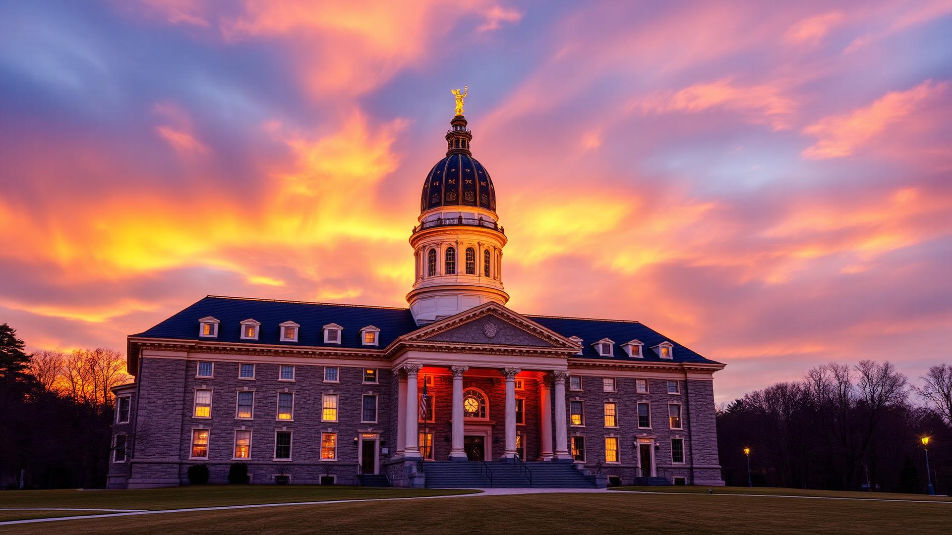 Maine State Capitol building at golden hour