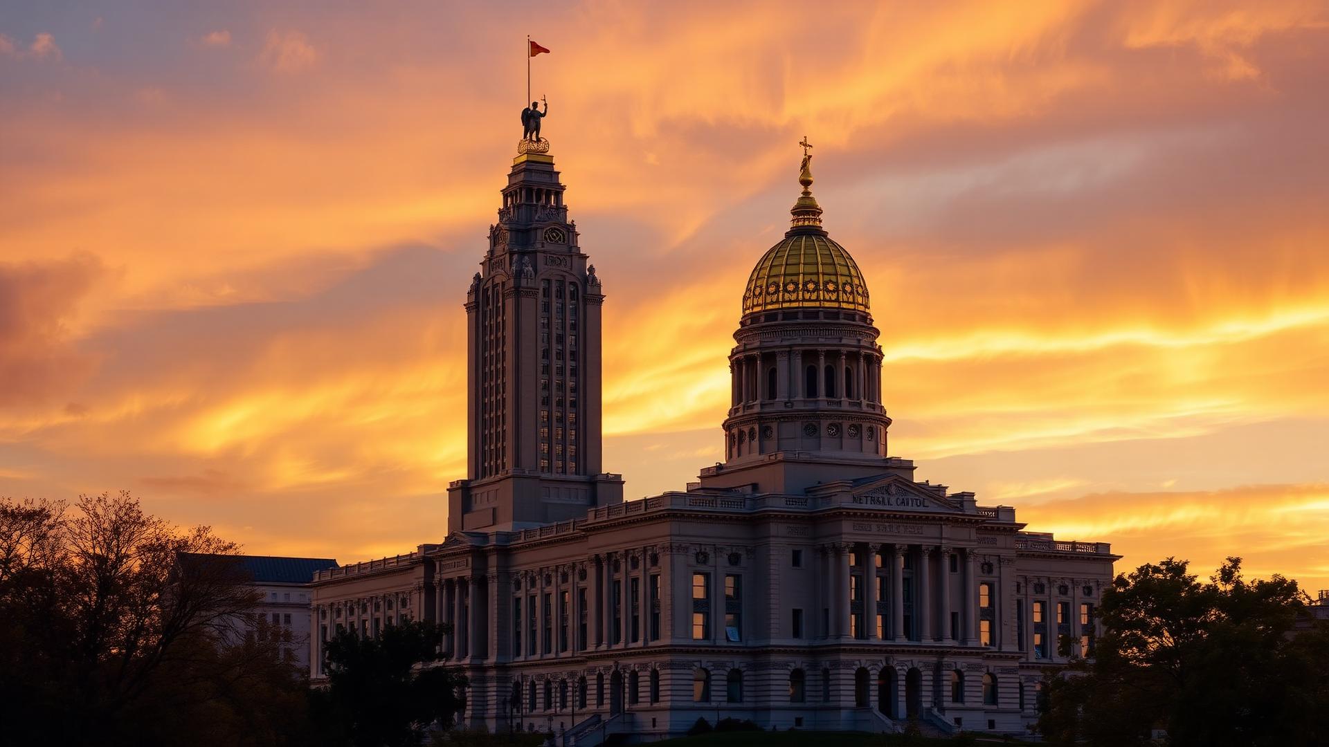 Nebraska State Capitol building at golden hour
