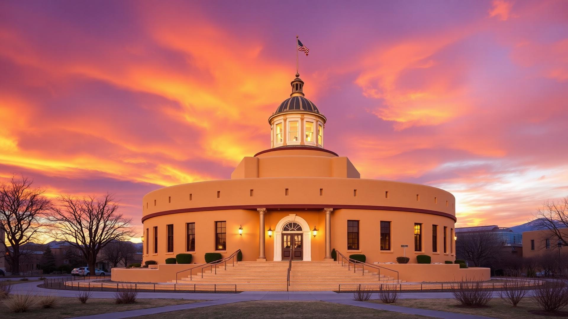 New Mexico State Capitol building at golden hour