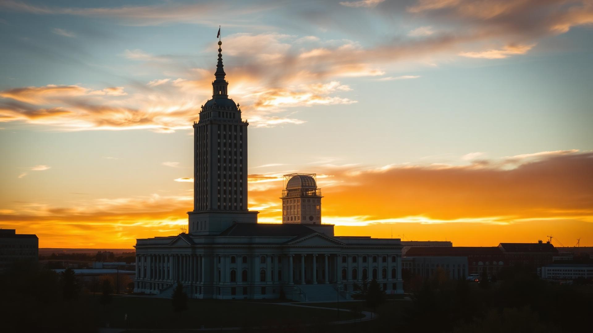 North Dakota State Capitol building at golden hour