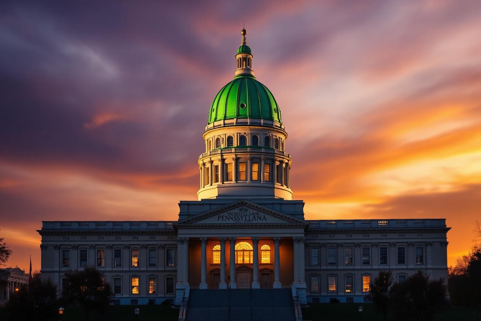 Pennsylvania State Capitol building in Harrisburg with green dome at sunset