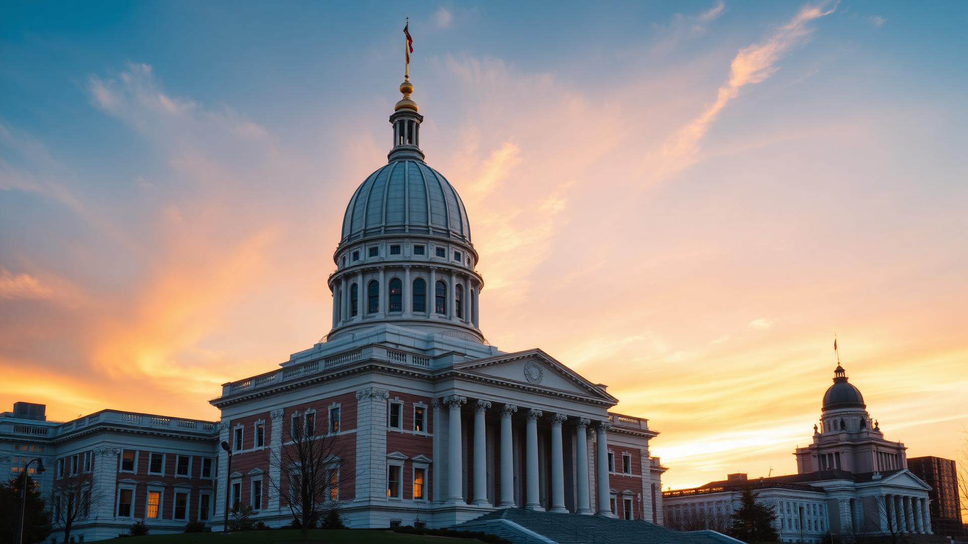 Rhode Island State Capitol building at golden hour