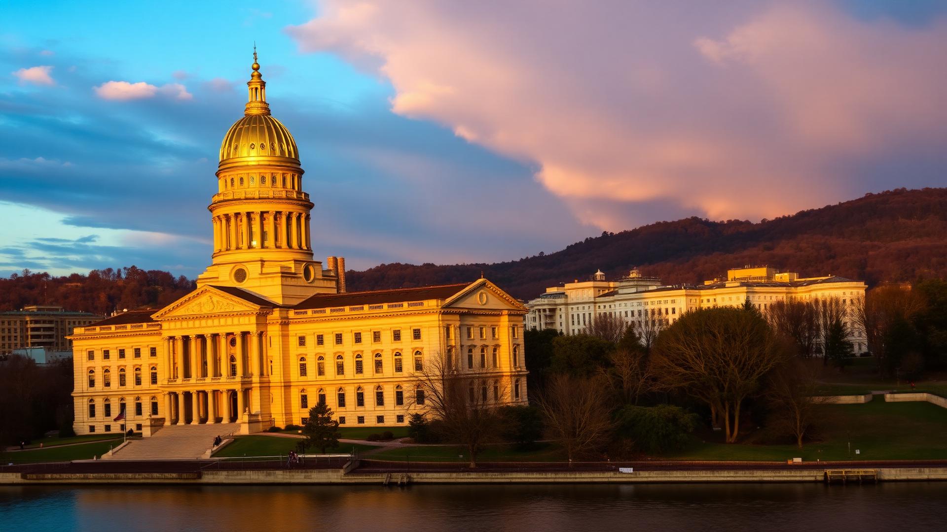 West Virginia State Capitol building at golden hour